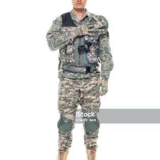 Front view of aged 30-39 years old who is tall person with black hair caucasian male army soldier standing in front of white background in the military wearing military uniform who is in concentration and showing patriotism who is saluting